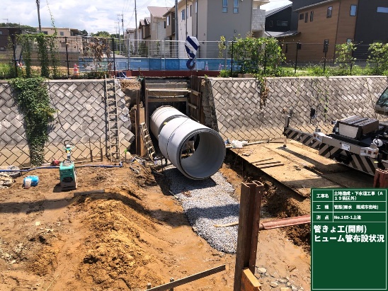 工事名：05国補公下　土地造成・下水道工事（Ａ１９街区外）　令和6年3月竣工　発注者：茨城県土浦土木事務所 施工中